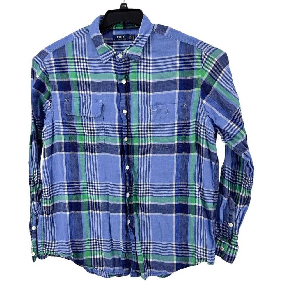 Polo Ralph Lauren Linen Shirt Mens XXL Blue Green Plaid Long Sleeve